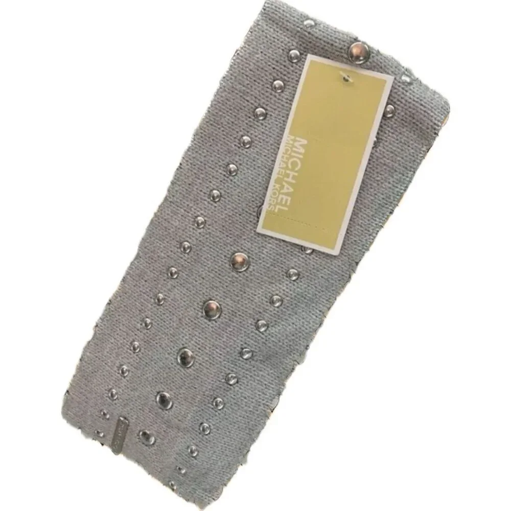 Michael Kors Logo Gray Silver Metallic Dome Studs Acrylic Sweater Headband
